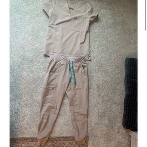 Figs Beige Scrub Set with Teal Accent